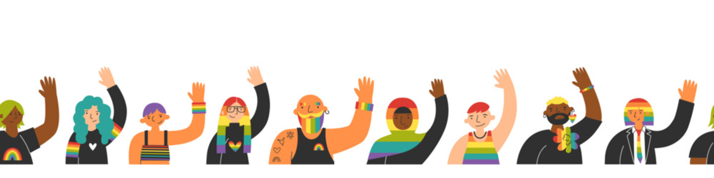 Seamless border with diverse lgbt people with raised hands, rainbow elements and various skin tones. Concept of pride, visibility, self-expression and inclusive identity. Celebration of diversity.