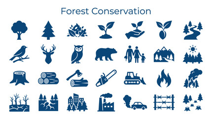Forest Conservation Icons Representing Environmental Protection Nature Sustainability Wildlife Industry And Deforestation Issues © Iconique Studio