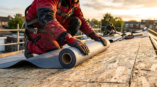 Professional roofer installing waterproofing membrane | Residential roof construction and repair services | Applying bituminous roofing felt on plywood deck | Roofer working at sunset