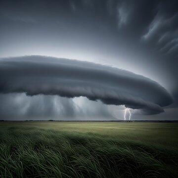 Massive thunderhead looms over green field; lightning strikes