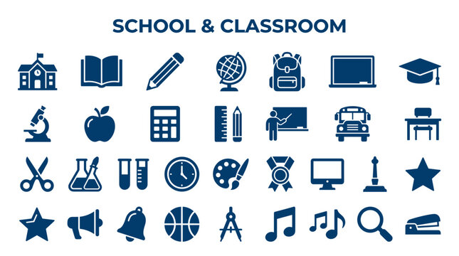 Collection of school and classroom icons symbolizing education learning and knowledge