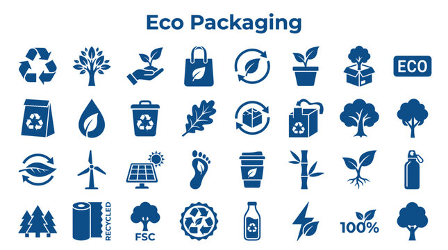 Eco Packaging Icons Set Sustainable Materials Recycling Green Energy Concepts