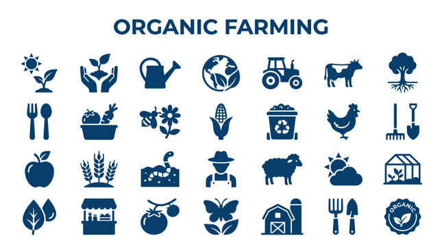 Organic Farming icons set agriculture sustainability healthy food production and rural life concepts
