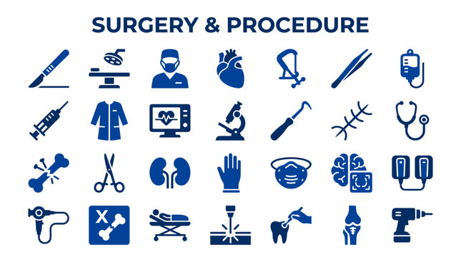 Surgery and Medical Procedure Icons Set Blue Flat Design Medical Equipment and Healthcare Symbols