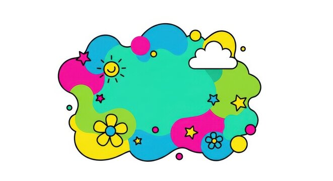 Cartoon vector illustration of Easter eggs and chickens with cute birds in a sunny blue sky frame designed for child's summer fun