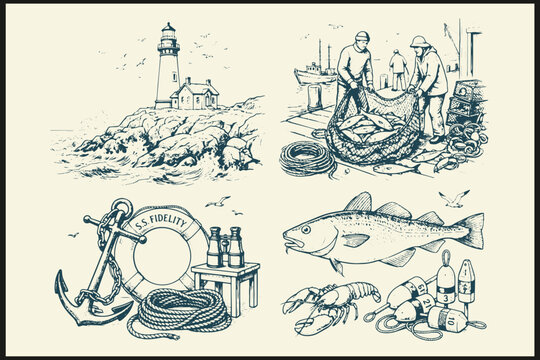 Vintage nautical illustrations showing lighthouse fishing nets anchor and marine life