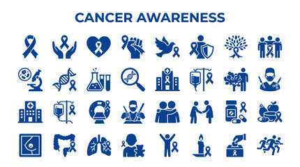 Fototapeta premium Cancer Awareness Icons Collection Blue Color Symbolizing Hope Support and Medical Research