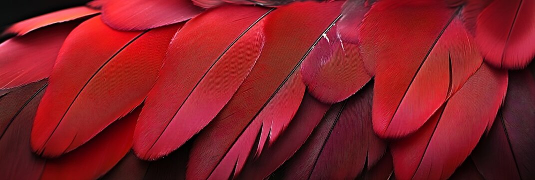 Vibrant red parrot feathers close up with detailed texture and pattern