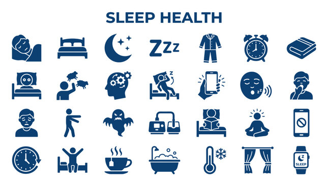 Sleep Health Icons Collection Representing Rest Insomnia Dreams and Wellness