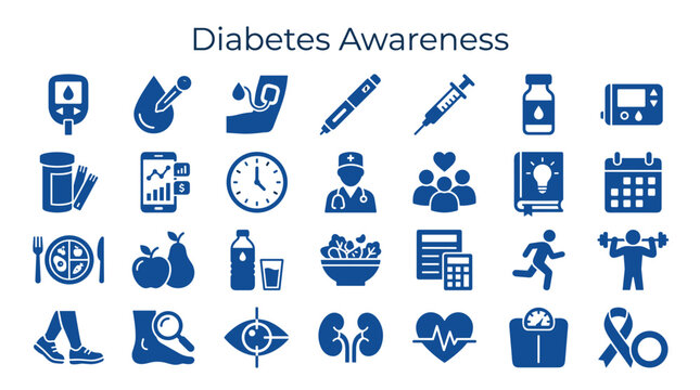 Diabetes awareness icons health symbols medical equipment healthy lifestyle infographic elements