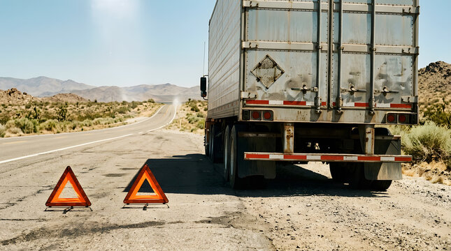 semi truck breakdown on desert highway | emergency warning triangles on road shoulder | commercial vehicle roadside assistance | logistics transport delay in arid landscape