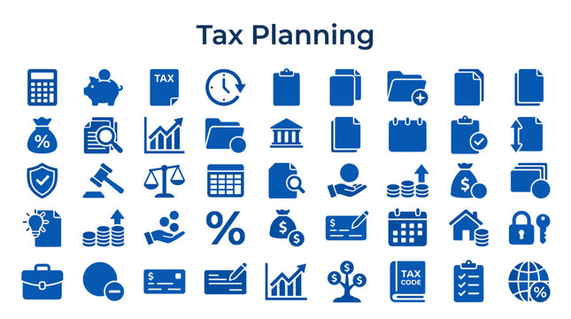Tax Planning Financial Icons Set Blue Background