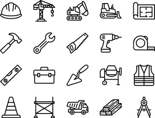 Fototapeta premium Construction Tools and Building Equipment Line Icons