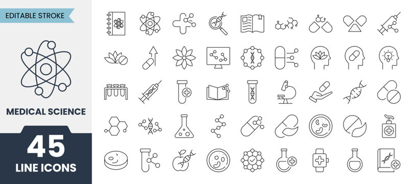 Medical science line icons set with editable stroke. Contains icons related to laboratory research, healthcare technology, DNA genetics and more. Vector illustration