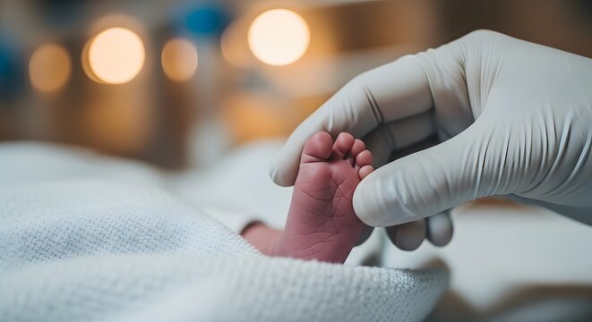 A premature infant's small foot being held by a healthcare professional in a NICU setting. Symbolizing hope, fragile life, medical excellence, and specialized pediatric care for newborns.