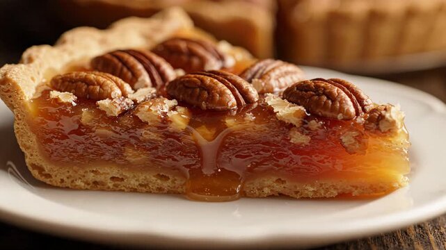 Appetizing golden brown pecan pie slice, rich sweet dessert food bake with flaky crust and gooey nut filling. delightful pastry tart offering comfort and satisfaction