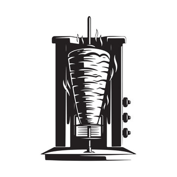 Doner kebab meat on a vertical rotisserie grill vector illustration. Ideal for restaurant logos, street food menus, and Middle Eastern culinary branding