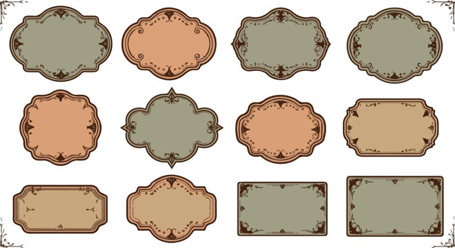 Twelve vintage frames in muted colors with decorative borders Keywords: frame, vintage