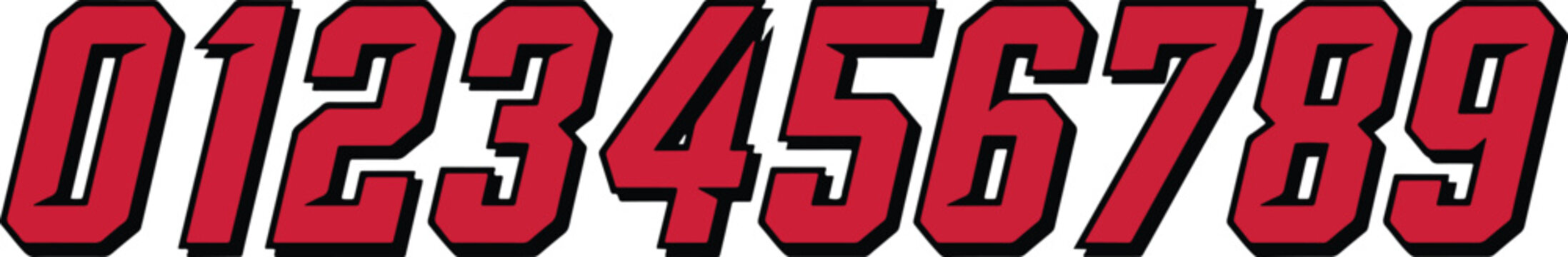 Sporty red number set from zero to nine with black drop shadow for jersey racing and score tracking.