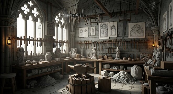 Medieval workshop with stone carvings, tools, and Gothic windows