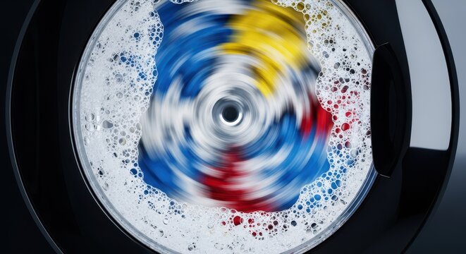 Close up view of the circular glass door of a modern appliance containing soapy water and spinning laundry during a cleaning cycle, washing, suds, technology