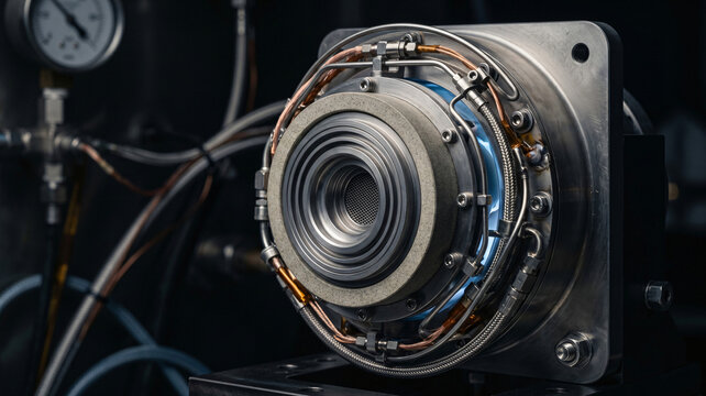Photorealistic close-up of an advanced ion thruster engine prototype with copper tubing and blue glow
