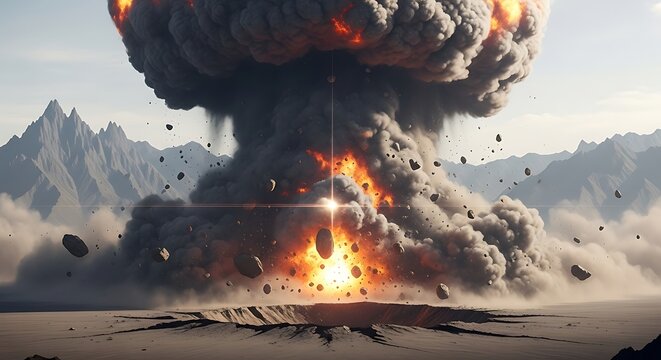 Massive fiery explosion creates a mushroom cloud, raining debris over desolate landscape
