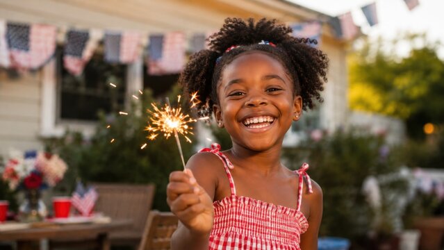 Happy smiling child holding a lit sparkler at an outdoor backyard 4th of July Independence Day party. Patriotic summer celebration, festive holiday decorations, family fun concept