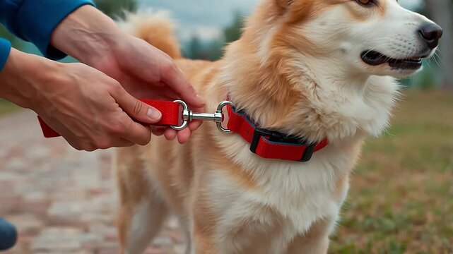 Person attaching leash to dog collar ideal for travel vlogs and eco-friendly campaigns
