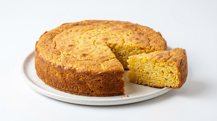 Obraz premium A golden cornbread on a plate, ready to be enjoyed. The cornbread has a perfectly baked, slightly crusty exterior, and a slice has been removed