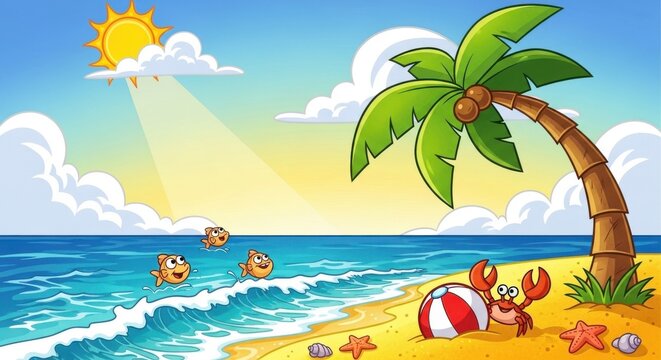 A vibrant cartoon illustration of a tropical paradise island featuring a sunny beach with palm trees, white sand, and turquoise ocean waves under a clear blue sky for a summer vacation design