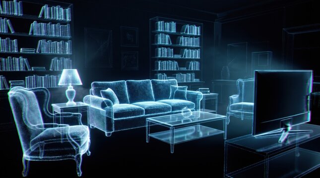 Futuristic Cyberpunk Holographic Living Room in Glitching Digital Wireframe Space