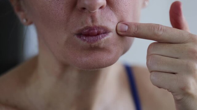 Unwanted facial hair. Woman has excessive hair on her face. Closeup. 4K.
