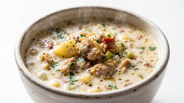 Steaming Hot New England Clam Chowder with Fresh Clams, Bacon, and Potatoes in a Rustic Ceramic Bowl, High-Key Food Photography Close-Up