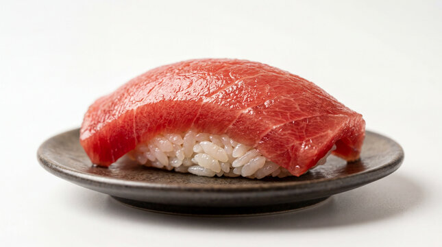 Fresh Maguro Tuna Nigiri Sushi on Rustic Ceramic Plate, Premium Japanese Seafood Cuisine Isolated on White Background, Macro Studio Photography