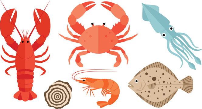 Cartoon-style seafood vector set with lobster, crab, squid, shrimp, and flounder. Ideal for marine life, ocean-themed projects, and culinary illustrations.
