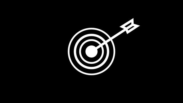 Minimalist target animation with arrow hitting bullseye, success and achievement concept on black background