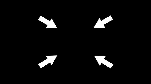 Minimalist white arrows pointing to center on black background, animated directional pointer overlay for presentations