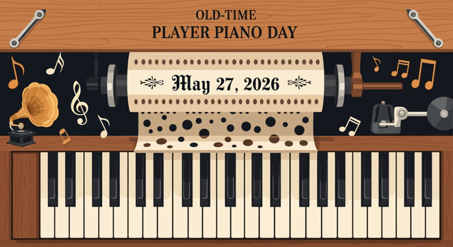 old-time player piano with musical notes and old-time player piano day banner vector illustration