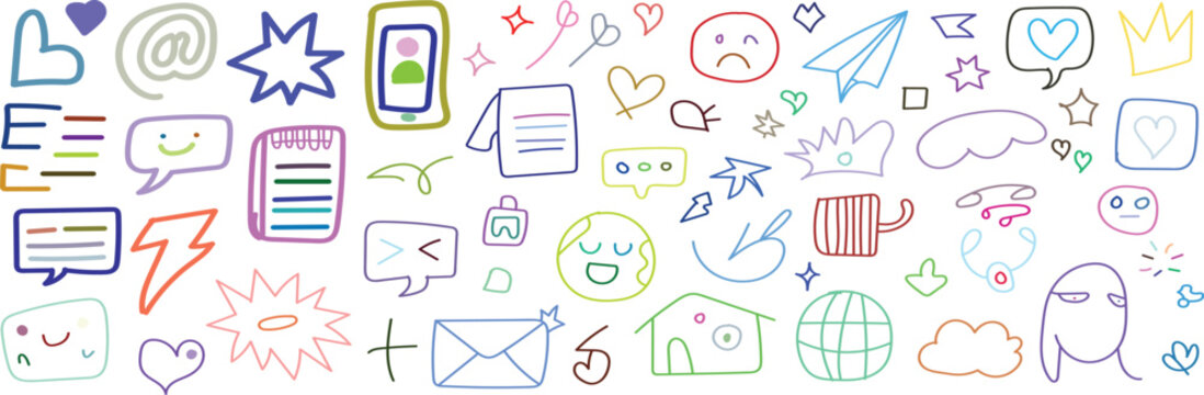 Hand-drawn doodle set with hearts, speech bubbles, stars, and faces on white background
