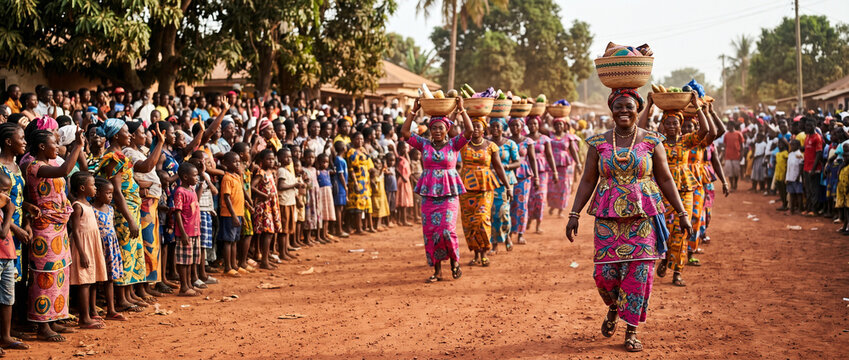 Middle-aged Ghanaian woman leading a colorful festival parade on a red laterite road with spectators watching from the roadside