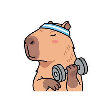 Cute Capybara cartoon character lifting dumbbell weight with sweatband on head, flat vector illustration, fitness concept, healthy lifestyle, gym workout, cheerful mood, simple design.