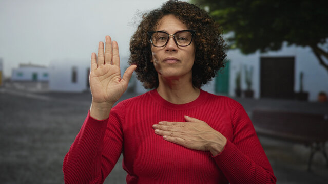 Woman with glasses raises right hand and places left hand on chest in street; commitment sincerity calm.