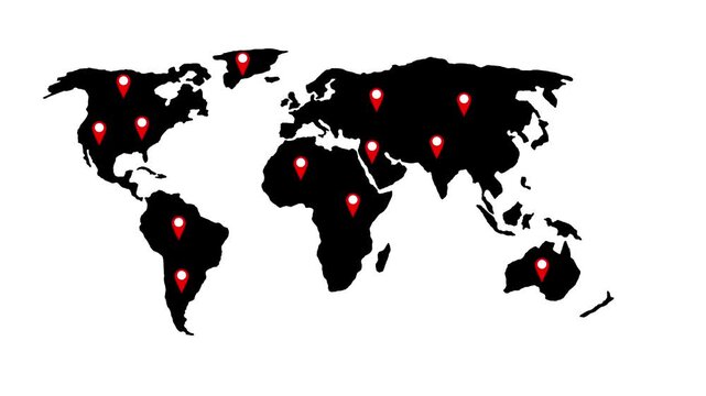Global business network map with animated red location pins for international logistics and corporate expansion