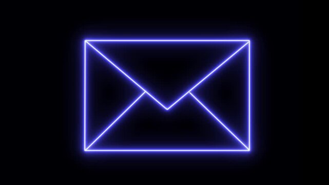 Glowing neon envelope animation, digital communication and messaging concept on black background email