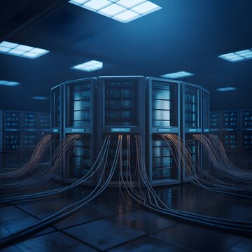 Server mainframe centralizes network traffic within a dimly lit technical room.