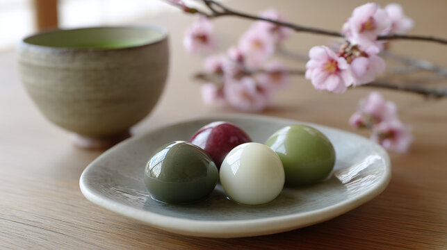Japanese dango sweets with matcha tea and cherry blossoms cherry blossom green tea