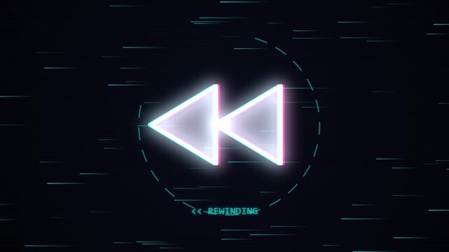 Glitch Effect Rewind Symbol Animated with Digital Noise on Dark Background