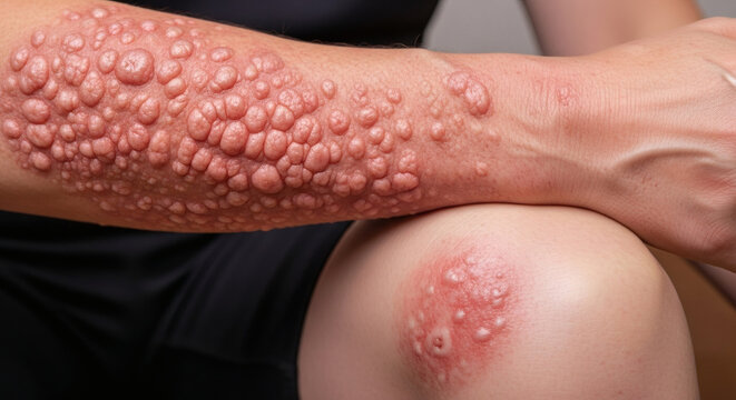 Close up of severe skin blistering on arm and knee of a person