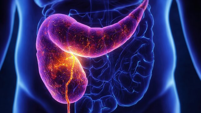 Pancreatitis 3D medical anatomy illustration, inflammation of human pancreas organ, acute and chronic pancreatic disorder, digestive system gland damage, gastrointestinal pathology, pancreatic enzyme 
